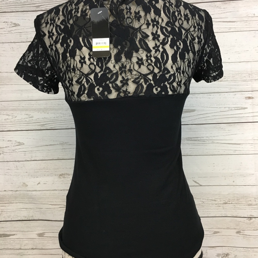 bebe Logo Shirt Rhinestone Lace PEAKABOO Top - Picture 6 of 8